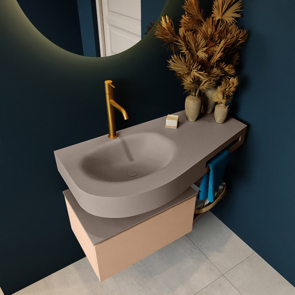 MONDIAZ RIVA 100cm mueble de baño / estante color Rosee con 1 cajón. Lavabo DULCET Izquierda 1 orificio, color Smoke. 2 color Smoke.
