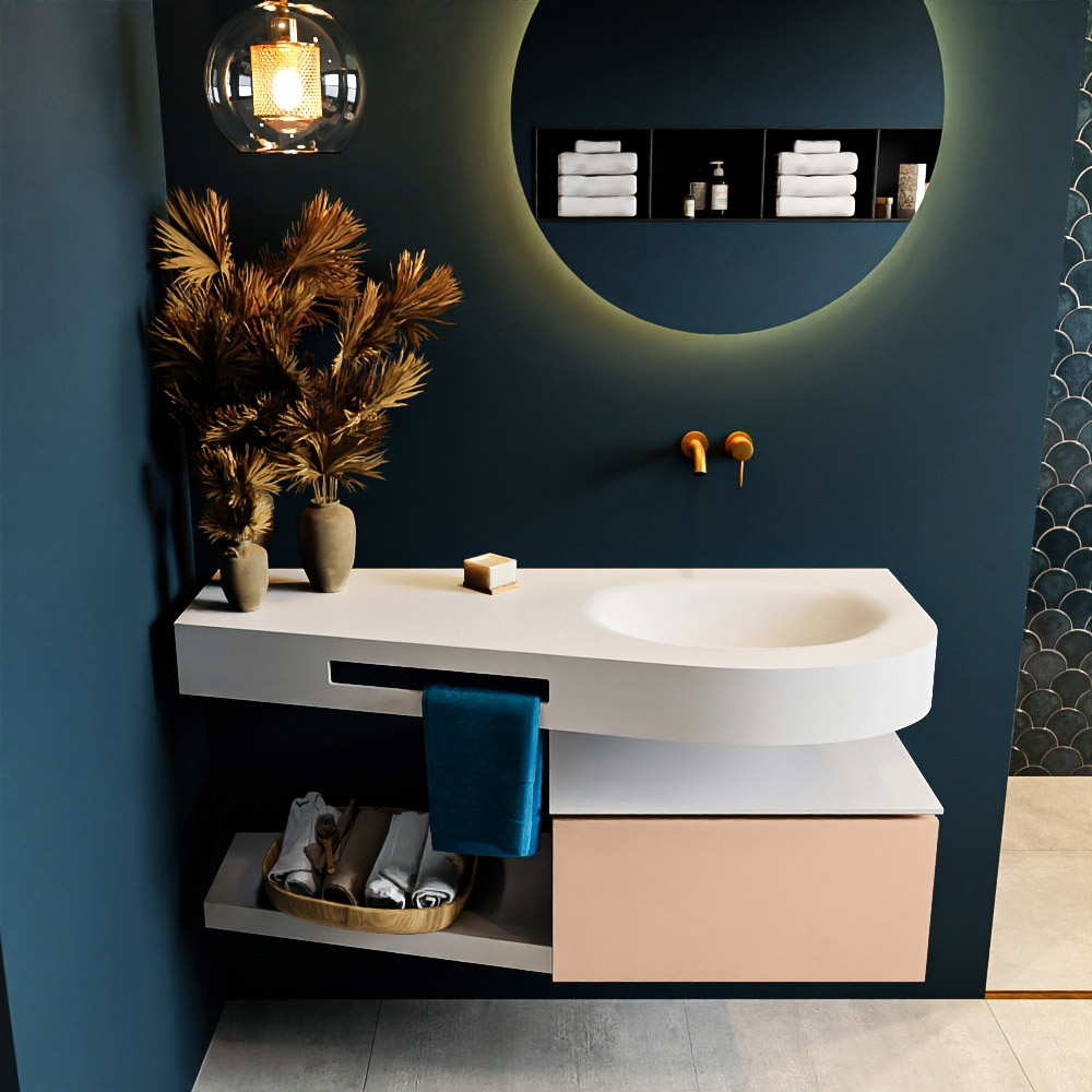 MONDIAZ RIVA 120cm mueble de baño / estante color Rosee con 1 cajón. Lavabo DULCET Derecho sin orificio, color Talc. 3 MONDIAZ RIVA 120cm mueble de baño / estante color Rosee con 1 cajón. Lavabo DULCET Derecho sin orificio, color Talc. - Imagen 3