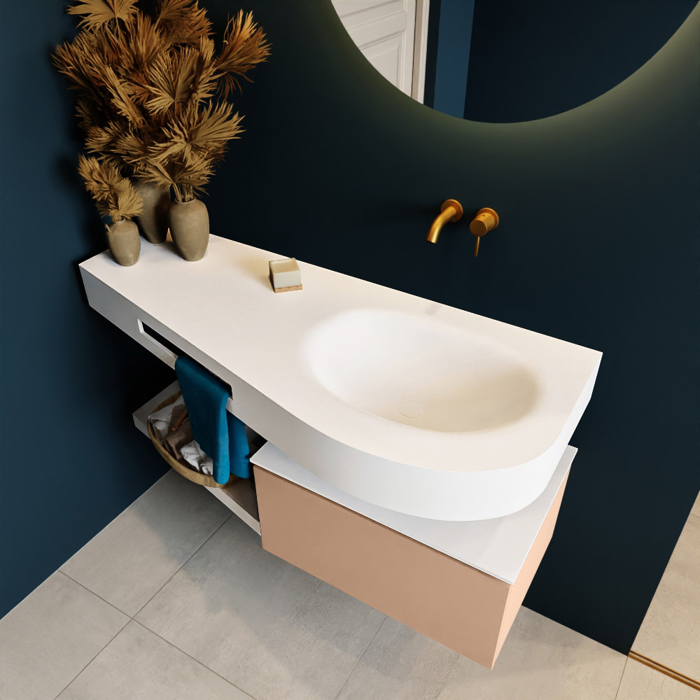 MONDIAZ RIVA 120cm mueble de baño / estante color Rosee con 1 cajón. Lavabo DULCET Derecho sin orificio, color Talc. 2 color Talc.