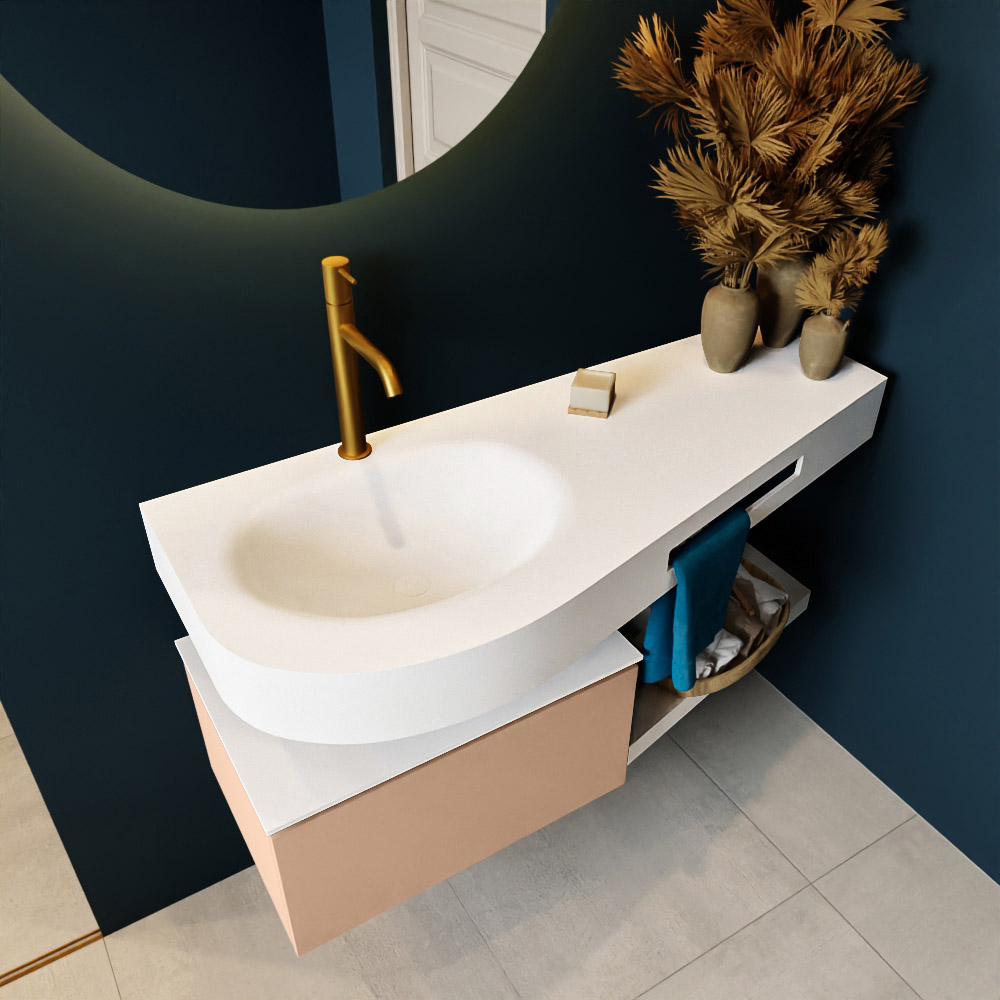 MONDIAZ RIVA 120cm mueble de baño / estante color Rosee con 1 cajón. Lavabo DULCET Izquierda 1 orificio, color Talc. 2 color Talc.