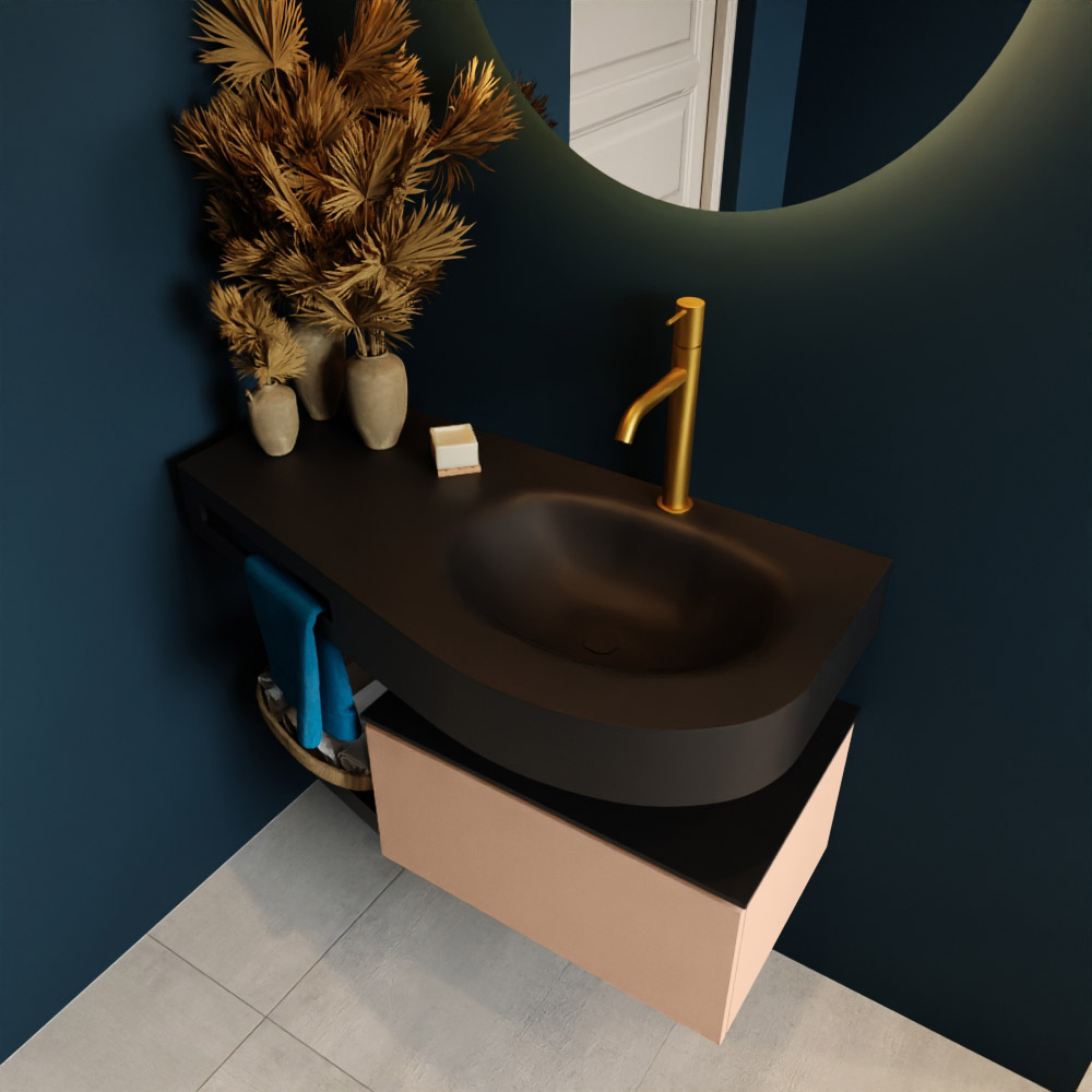MONDIAZ RIVA 100cm mueble de baño / estante color Rosee con 1 cajón. Lavabo DULCET Derecho 1 orificio, color Urban. 2 color Urban.