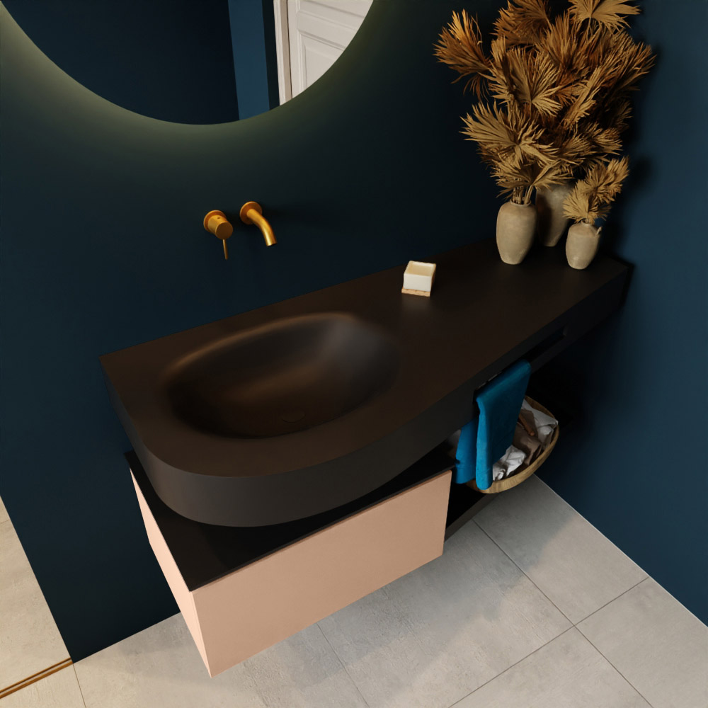 MONDIAZ RIVA 120cm mueble de baño / estante color Rosee con 1 cajón. Lavabo DULCET Izquierda sin orificio, color Urban. 2 color Urban.