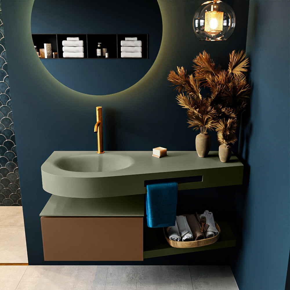 MONDIAZ RIVA 120cm mueble de baño / estante color Rust con 1 cajón. Lavabo DULCET Izquierda 1 orificio, color Army. 3 MONDIAZ RIVA 120cm mueble de baño / estante color Rust con 1 cajón. Lavabo DULCET Izquierda 1 orificio, color Army. - Imagen 3