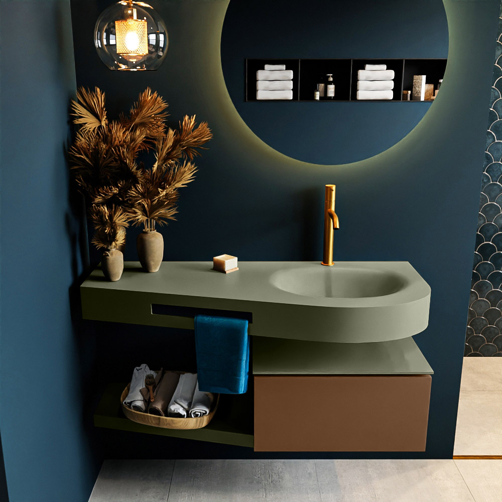 MONDIAZ RIVA 120cm mueble de baño / estante color Rust con 1 cajón. Lavabo DULCET Derecho 1 orificio, color Army. 3 MONDIAZ RIVA 120cm mueble de baño / estante color Rust con 1 cajón. Lavabo DULCET Derecho 1 orificio, color Army. - Imagen 3