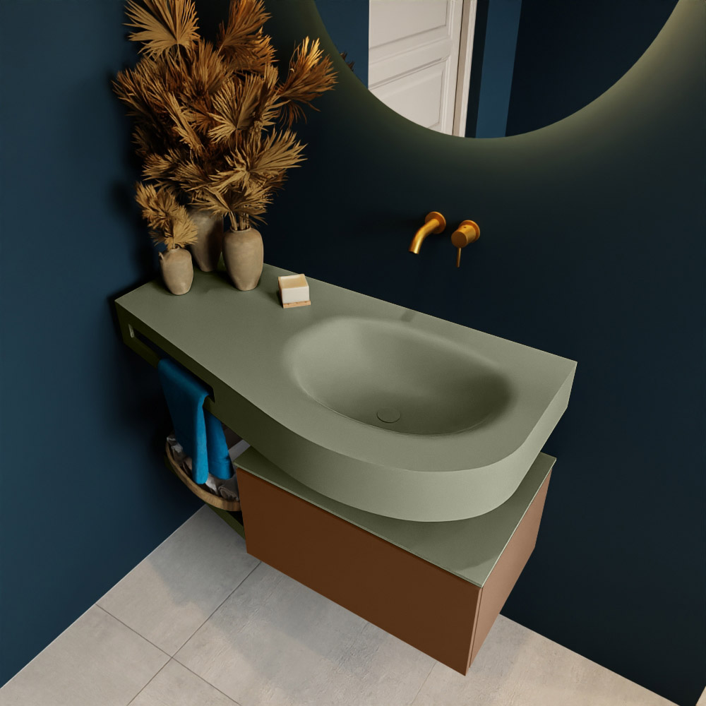 MONDIAZ RIVA 100cm mueble de baño / estante color Rust con 1 cajón. Lavabo DULCET Derecho sin orificio, color Army. 2 color Army.