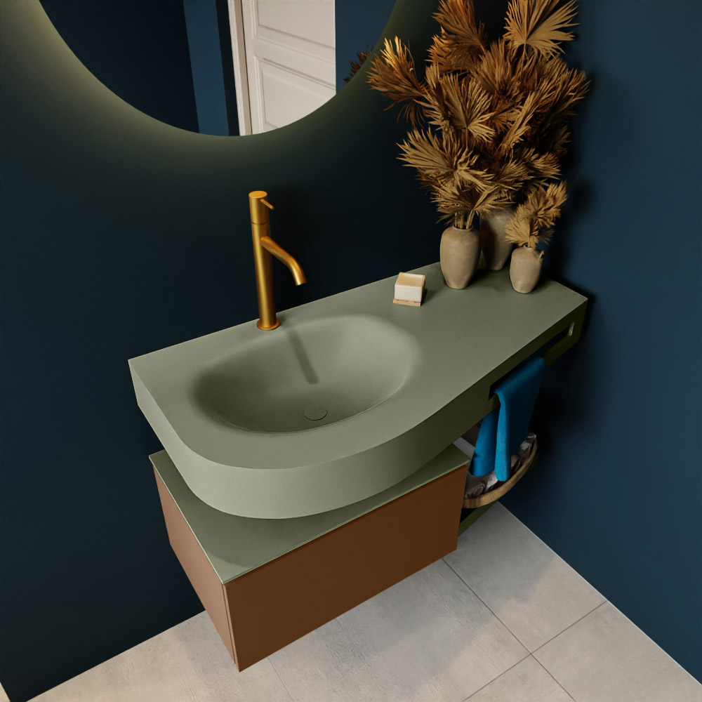 MONDIAZ RIVA 100cm mueble de baño / estante color Rust con 1 cajón. Lavabo DULCET Izquierda 1 orificio, color Army. 2 color Army.