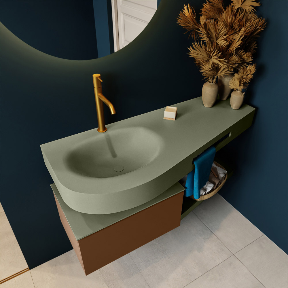 MONDIAZ RIVA 120cm mueble de baño / estante color Rust con 1 cajón. Lavabo DULCET Izquierda 1 orificio, color Army. 2 color Army.