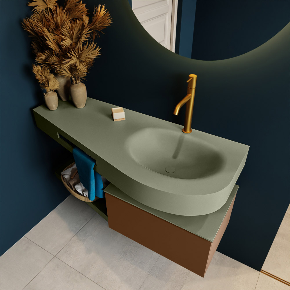 MONDIAZ RIVA 120cm mueble de baño / estante color Rust con 1 cajón. Lavabo DULCET Derecho 1 orificio, color Army. 2 color Army.
