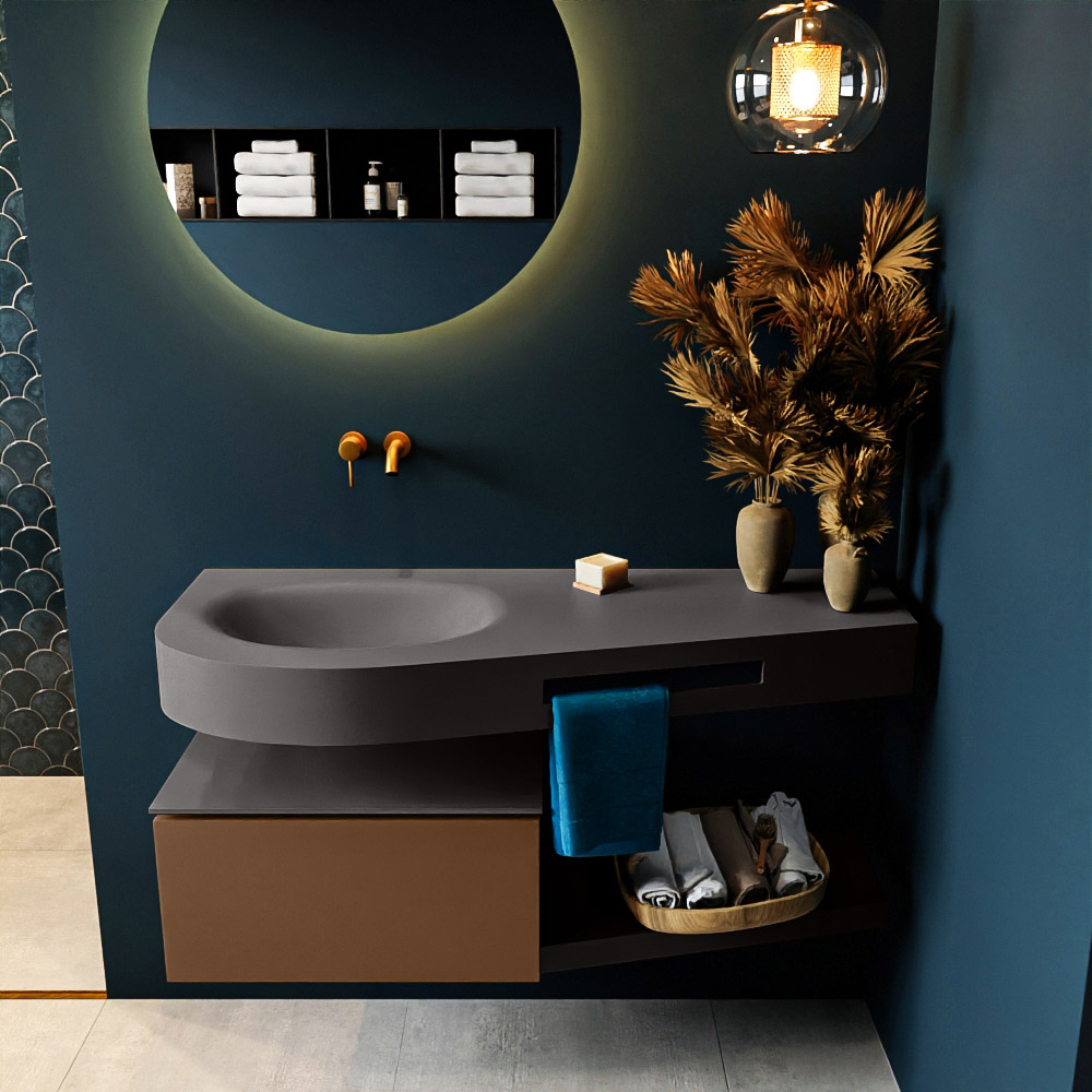 MONDIAZ RIVA 120cm mueble de baño / estante color Rust con 1 cajón. Lavabo DULCET Izquierda sin orificio, color Dark Grey. 3 MONDIAZ RIVA 120cm mueble de baño / estante color Rust con 1 cajón. Lavabo DULCET Izquierda sin orificio, color Dark Grey. - Imagen 3