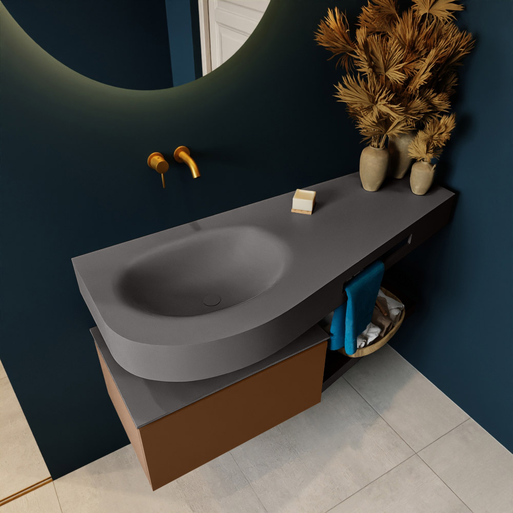 MONDIAZ RIVA 120cm mueble de baño / estante color Rust con 1 cajón. Lavabo DULCET Izquierda sin orificio, color Dark Grey. 2 color Dark Grey.