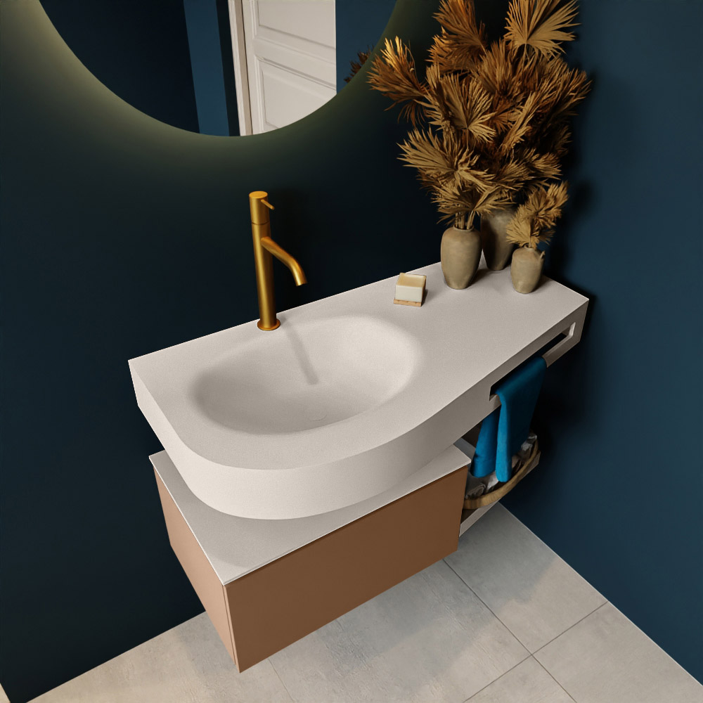 MONDIAZ RIVA 100cm mueble de baño / estante color Rust con 1 cajón. Lavabo DULCET Izquierda 1 orificio, color Linen. 2 color Linen.