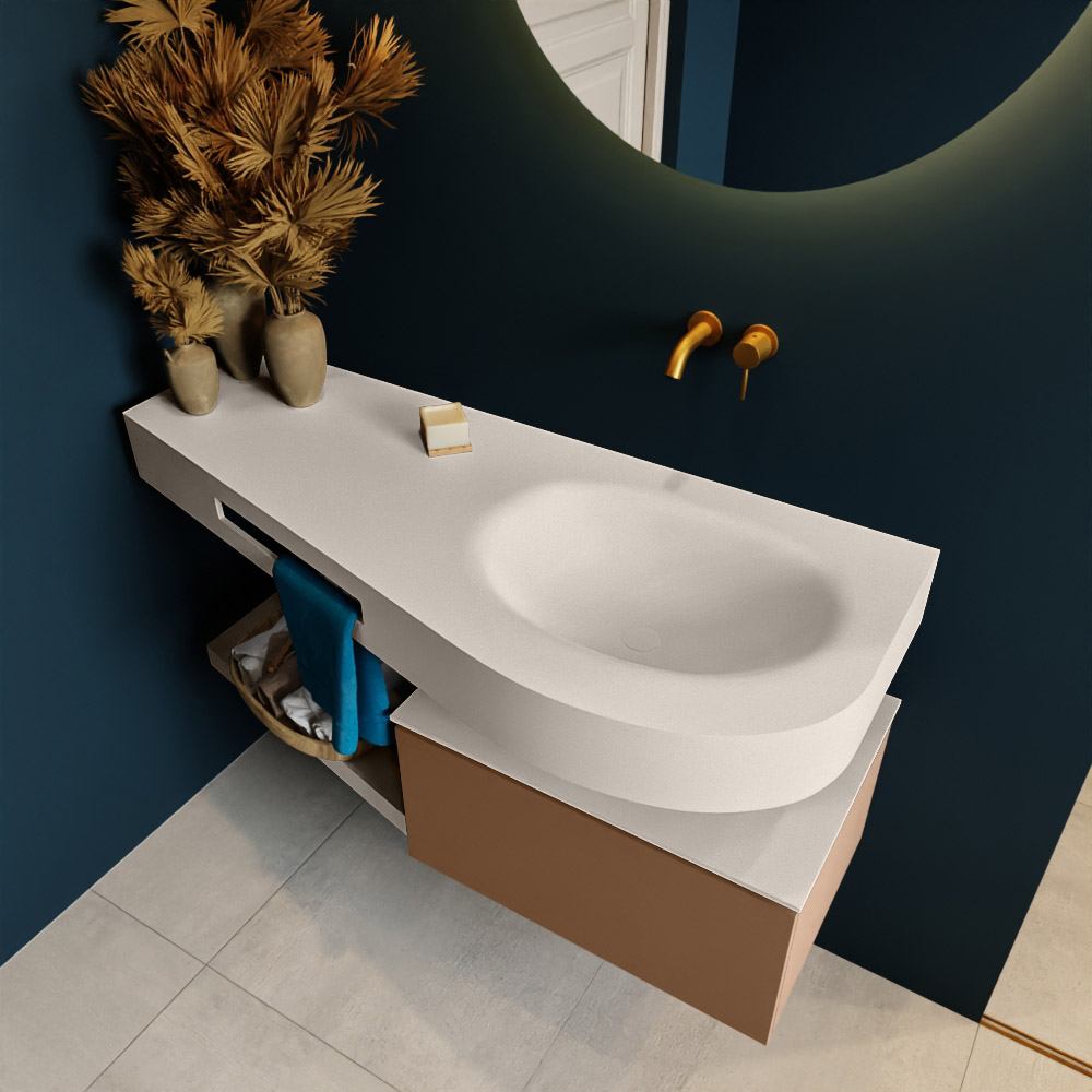 MONDIAZ RIVA 120cm mueble de baño / estante color Rust con 1 cajón. Lavabo DULCET Derecho sin orificio, color Linen. 2 color Linen.