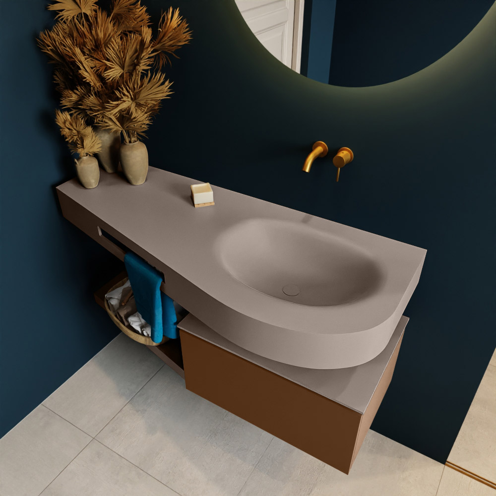 MONDIAZ RIVA 120cm mueble de baño / estante color Rust con 1 cajón. Lavabo DULCET Derecho sin orificio, color Smoke. 2 color Smoke.