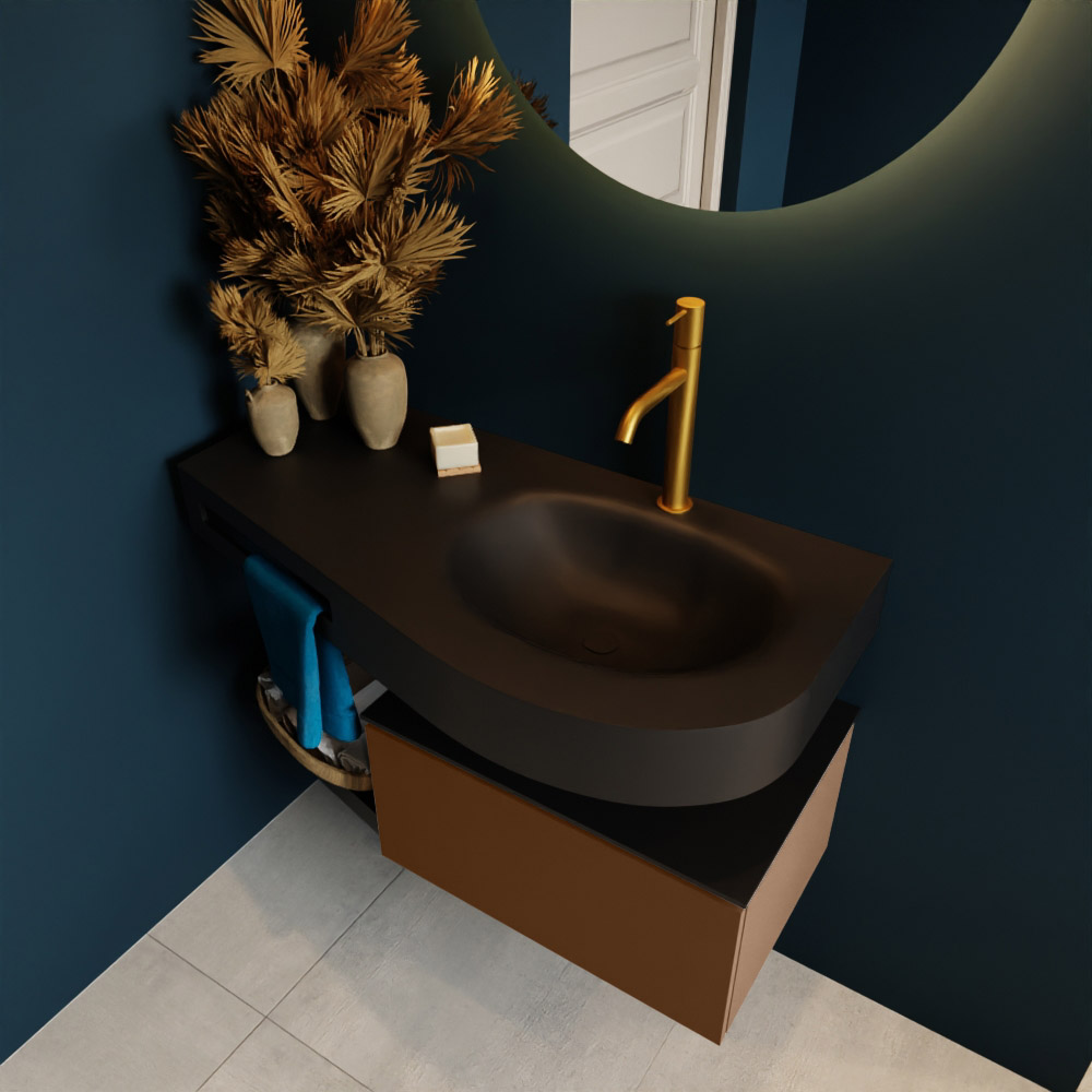 MONDIAZ RIVA 100cm mueble de baño / estante color Rust con 1 cajón. Lavabo DULCET Derecho 1 orificio, color Urban. 2 color Urban.
