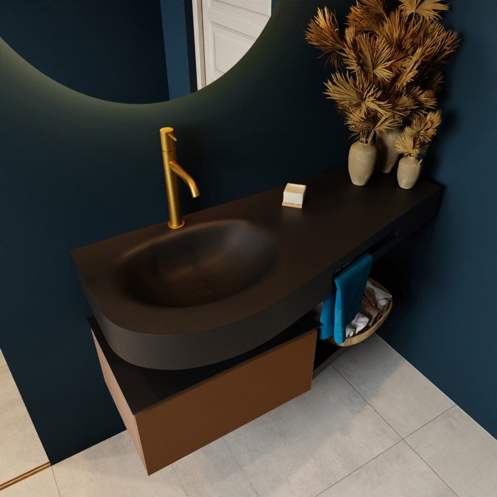 MONDIAZ RIVA 120cm mueble de baño / estante color Rust con 1 cajón. Lavabo DULCET Izquierda 1 orificio, color Urban. 2 color Urban.