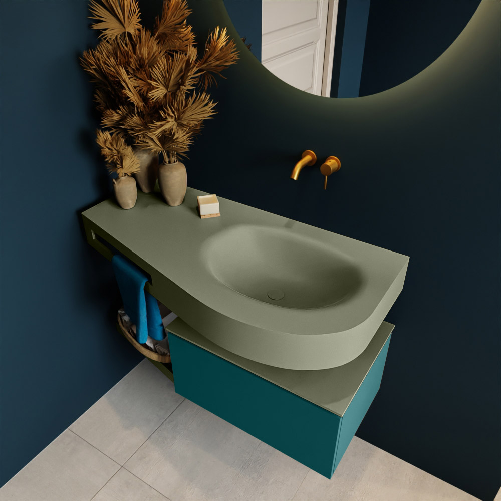 MONDIAZ RIVA 100cm mueble de baño / estante color Smag con 1 cajón. Lavabo DULCET Derecho sin orificio, color Army. 2 color Army.