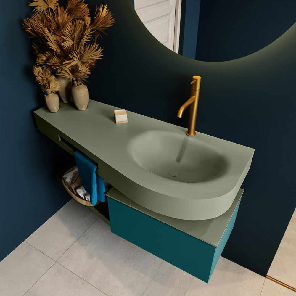 MONDIAZ RIVA 120cm mueble de baño / estante color Smag con 1 cajón. Lavabo DULCET Derecho 1 orificio, color Army. 2 color Army.