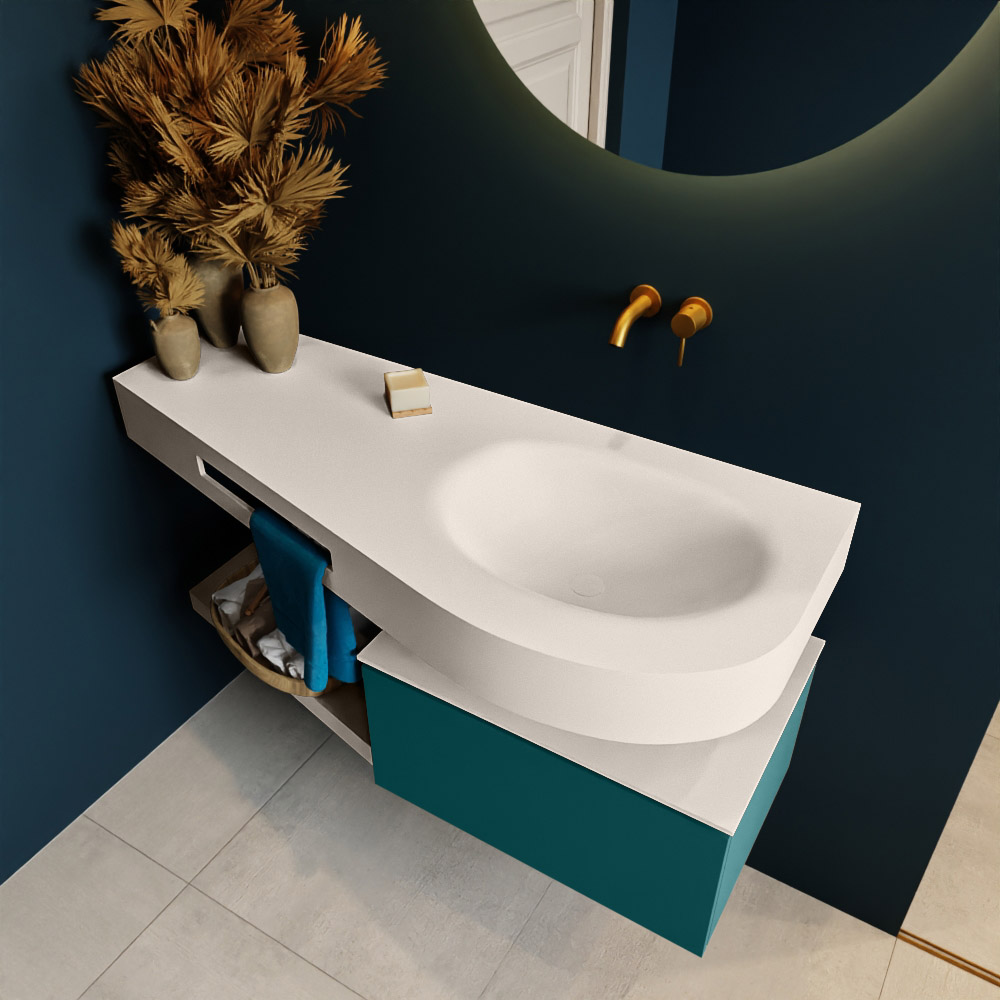 MONDIAZ RIVA 120cm mueble de baño / estante color Smag con 1 cajón. Lavabo DULCET Derecho sin orificio, color Linen. 2 color Linen.