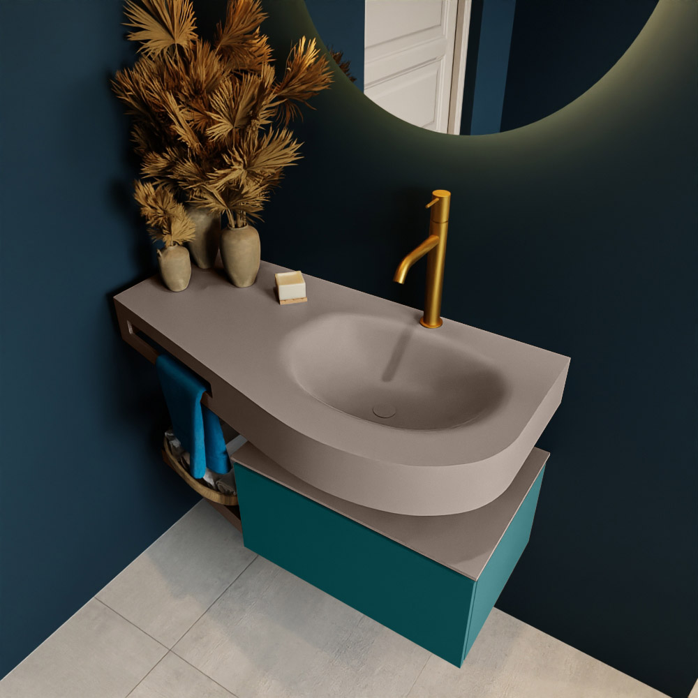 MONDIAZ RIVA 100cm mueble de baño / estante color Smag con 1 cajón. Lavabo DULCET Derecho 1 orificio, color Smoke. 2 color Smoke.