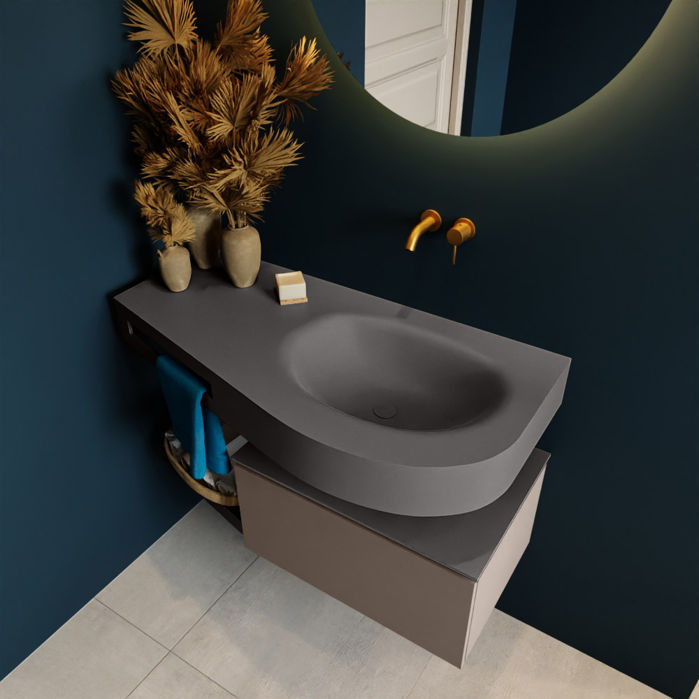 MONDIAZ RIVA 100cm mueble de baño / estante color Smoke con 1 cajón. Lavabo DULCET Derecho sin orificio, color Dark Grey. 2 color Dark Grey.