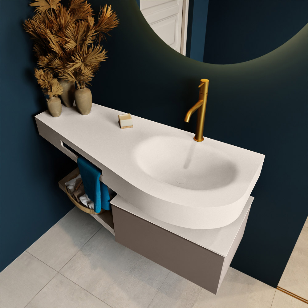 MONDIAZ RIVA 120cm mueble de baño / estante color Smoke con 1 cajón. Lavabo DULCET Derecho 1 orificio, color Linen. 2 color Linen.