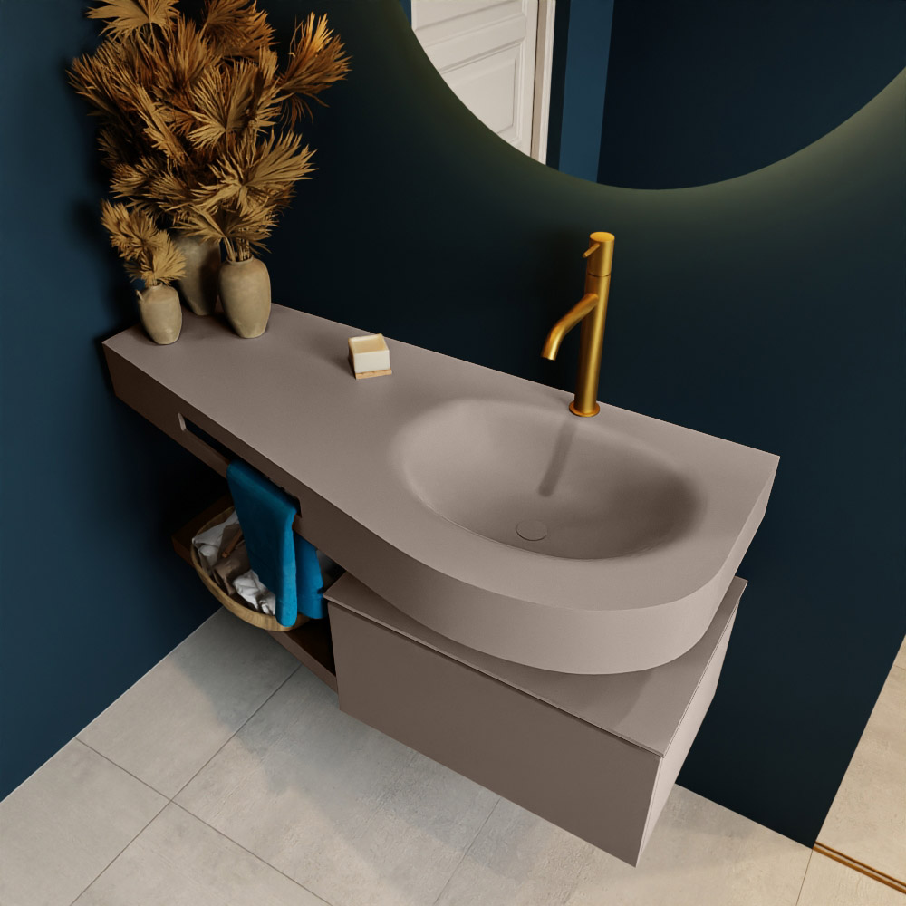 MONDIAZ RIVA 120cm mueble de baño / estante color Smoke con 1 cajón. Lavabo DULCET Derecho 1 orificio, color Smoke. 2 color Smoke.