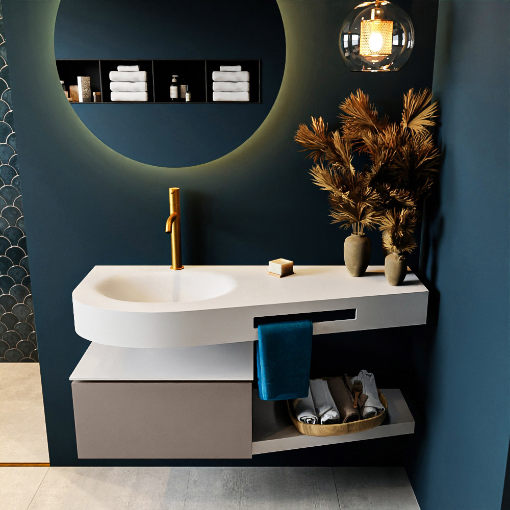 MONDIAZ RIVA 120cm mueble de baño / estante color Smoke con 1 cajón. Lavabo DULCET Izquierda 1 orificio, color Talc. 3 MONDIAZ RIVA 120cm mueble de baño / estante color Smoke con 1 cajón. Lavabo DULCET Izquierda 1 orificio, color Talc. - Imagen 3