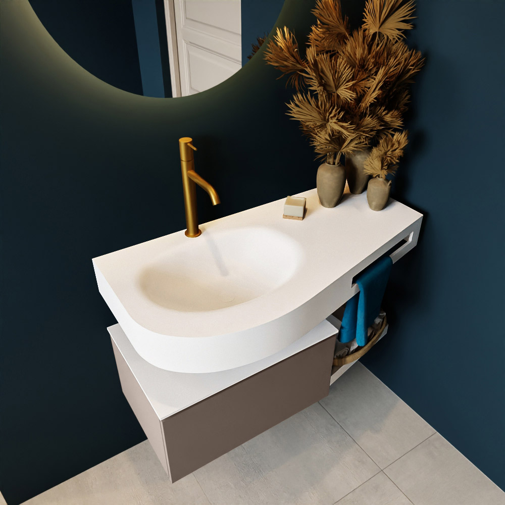 MONDIAZ RIVA 100cm mueble de baño / estante color Smoke con 1 cajón. Lavabo DULCET Izquierda 1 orificio, color Talc. 2 color Talc.