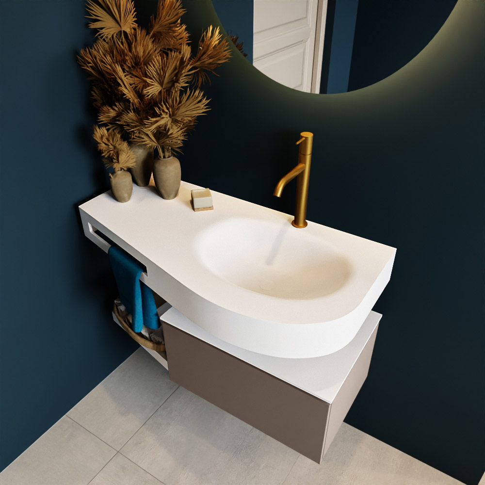 MONDIAZ RIVA 100cm mueble de baño / estante color Smoke con 1 cajón. Lavabo DULCET Derecho 1 orificio, color Talc. 2 color Talc.