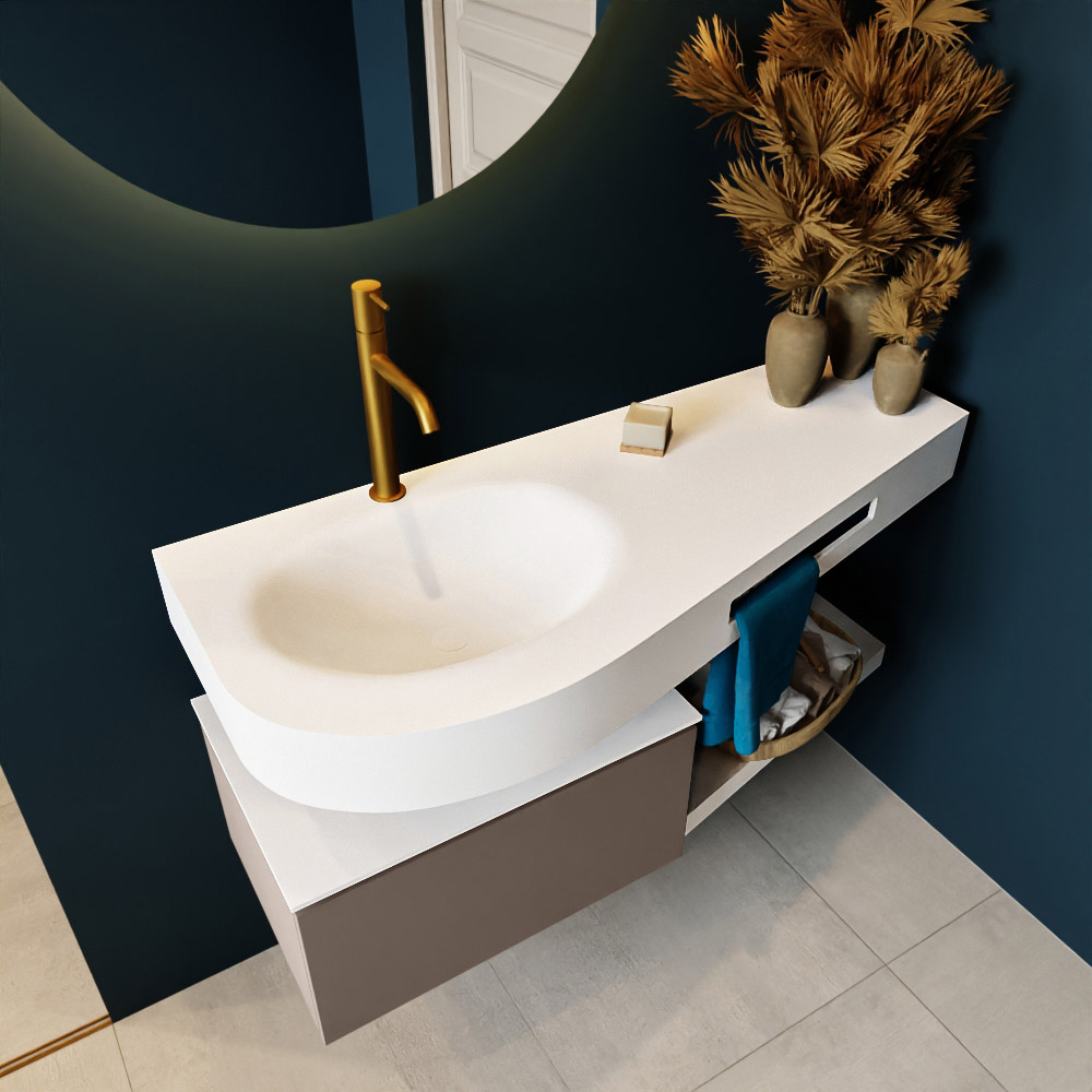 MONDIAZ RIVA 120cm mueble de baño / estante color Smoke con 1 cajón. Lavabo DULCET Izquierda 1 orificio, color Talc. 2 color Talc.