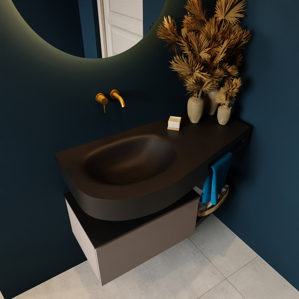 MONDIAZ RIVA 100cm mueble de baño / estante color Smoke con 1 cajón. Lavabo DULCET Izquierda sin orificio, color Urban. 2 color Urban.