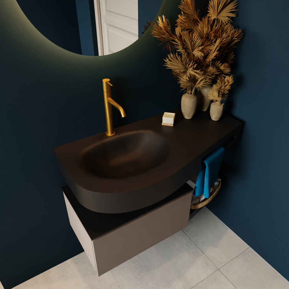 MONDIAZ RIVA 100cm mueble de baño / estante color Smoke con 1 cajón. Lavabo DULCET Izquierda 1 orificio, color Urban. 2 color Urban.