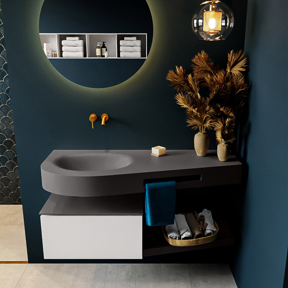 MONDIAZ RIVA 120cm mueble de baño / estante color Talc con 1 cajón. Lavabo DULCET Izquierda sin orificio, color Dark Grey. 3 MONDIAZ RIVA 120cm mueble de baño / estante color Talc con 1 cajón. Lavabo DULCET Izquierda sin orificio, color Dark Grey. - Imagen 3