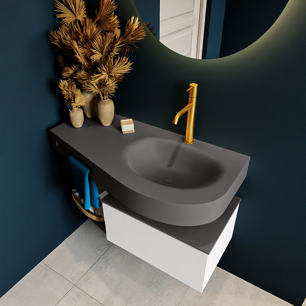 MONDIAZ RIVA 100cm mueble de baño / estante color Talc con 1 cajón. Lavabo DULCET Derecho 1 orificio, color Dark Grey. 2 color Dark Grey.