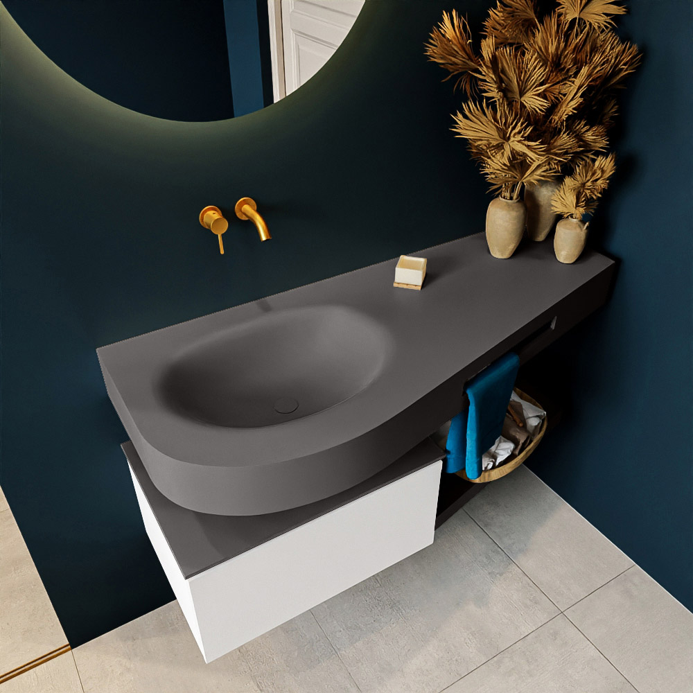 MONDIAZ RIVA 120cm mueble de baño / estante color Talc con 1 cajón. Lavabo DULCET Izquierda sin orificio, color Dark Grey. 2 color Dark Grey.