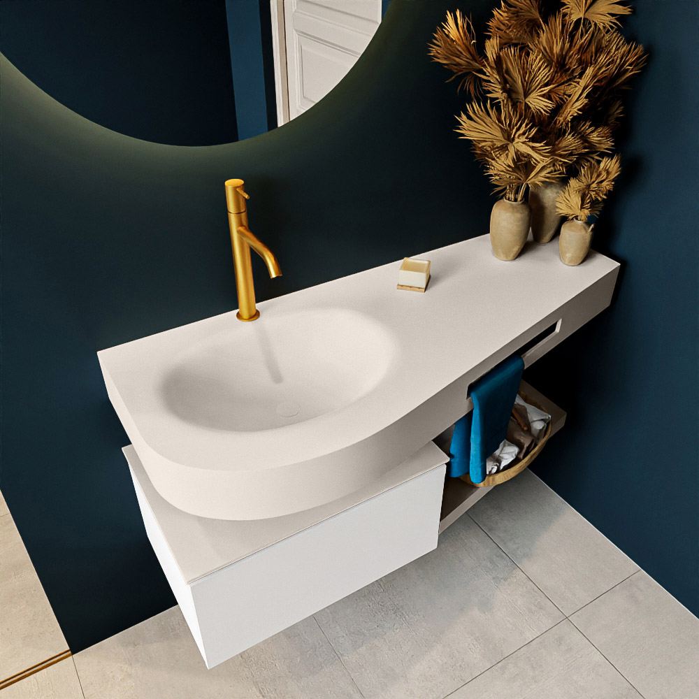 MONDIAZ RIVA 120cm mueble de baño / estante color Talc con 1 cajón. Lavabo DULCET Izquierda 1 orificio, color Linen. 2 color Linen.