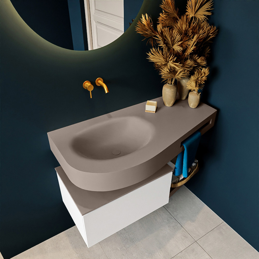 MONDIAZ RIVA 100cm mueble de baño / estante color Talc con 1 cajón. Lavabo DULCET Izquierda sin orificio, color Smoke. 2 color Smoke.
