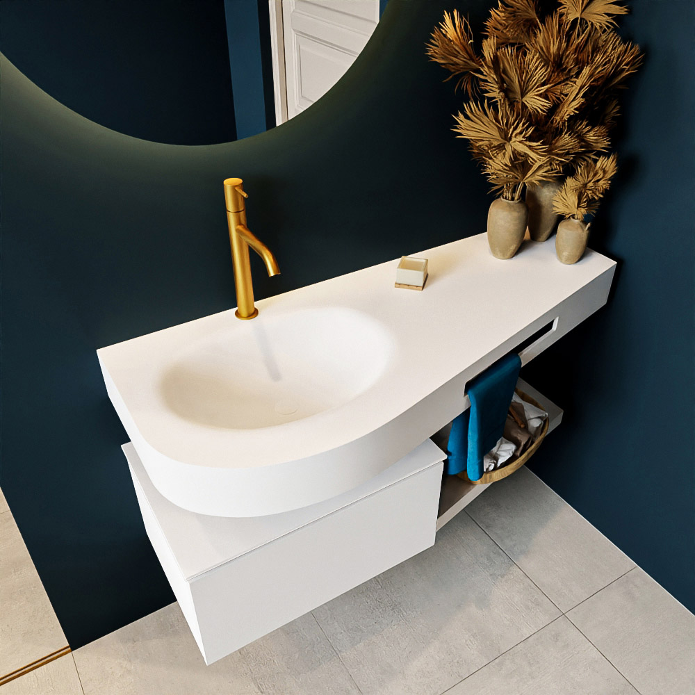 MONDIAZ RIVA 120cm mueble de baño / estante color Talc con 1 cajón. Lavabo DULCET Izquierda 1 orificio, color Talc. 2 color Talc.