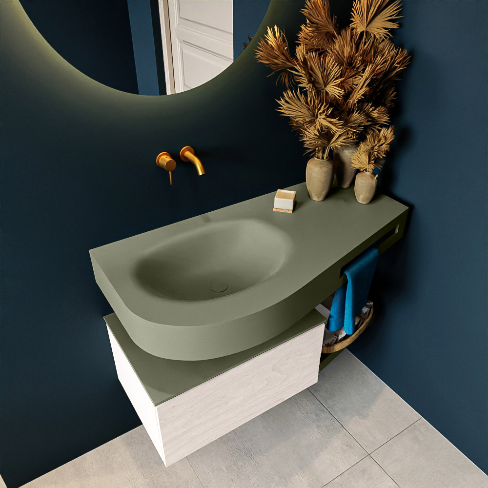 MONDIAZ RIVA 100cm mueble de baño / estante color Underlayment con 1 cajón. Lavabo DULCET Izquierda sin orificio, color Army. 2 color Army.