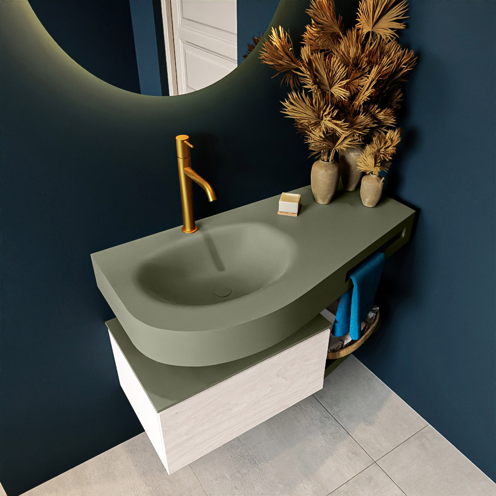 MONDIAZ RIVA 100cm mueble de baño / estante color Underlayment con 1 cajón. Lavabo DULCET Izquierda 1 orificio, color Army. 2 color Army.