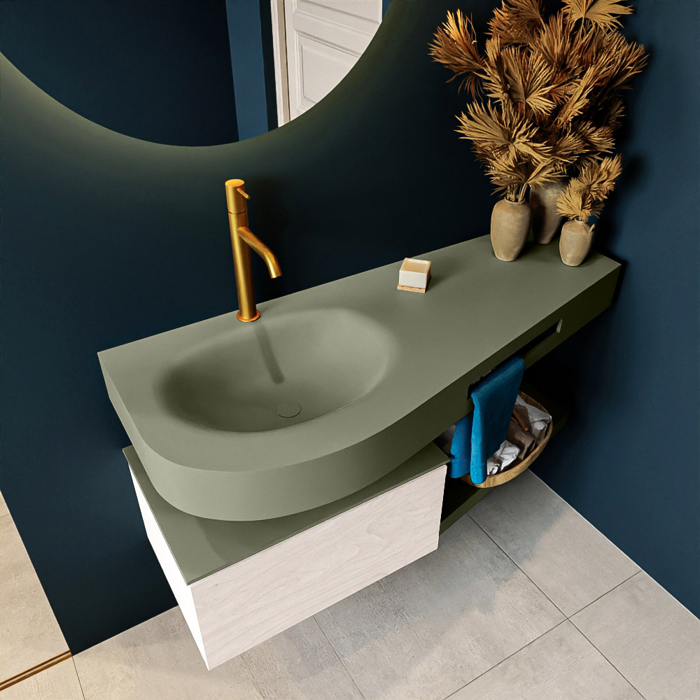 MONDIAZ RIVA 120cm mueble de baño / estante color Underlayment con 1 cajón. Lavabo DULCET Izquierda 1 orificio, color Army. 2 color Army.