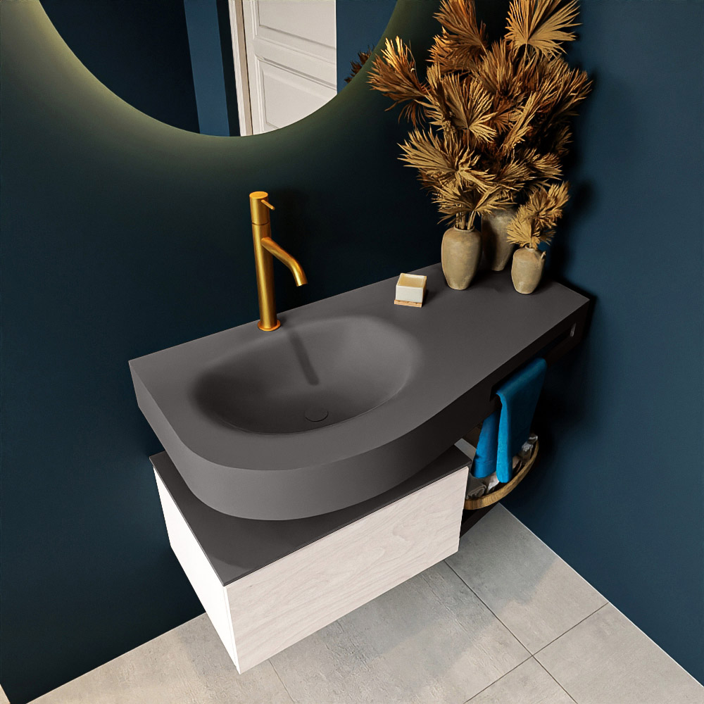 MONDIAZ RIVA 100cm mueble de baño / estante color Underlayment con 1 cajón. Lavabo DULCET Izquierda 1 orificio, color Dark Grey. 2 color Dark Grey.