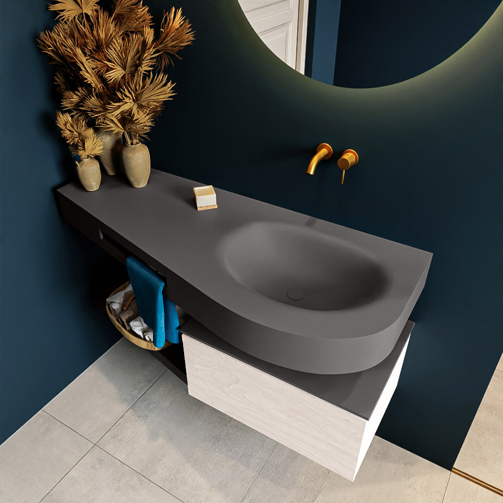 MONDIAZ RIVA 120cm mueble de baño / estante color Underlayment con 1 cajón. Lavabo DULCET Derecho sin orificio, color Dark Grey. 2 color Dark Grey.