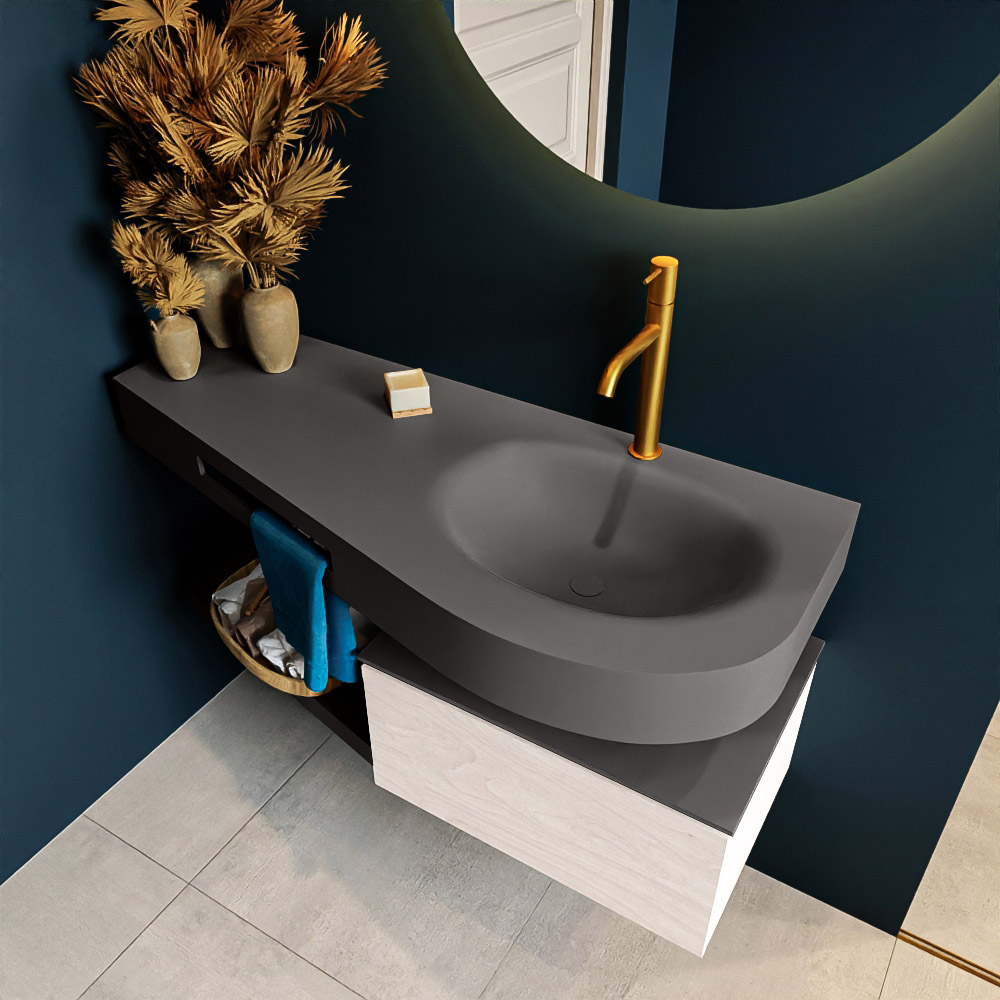 MONDIAZ RIVA 120cm mueble de baño / estante color Underlayment con 1 cajón. Lavabo DULCET Derecho 1 orificio, color Dark Grey. 2 color Dark Grey.