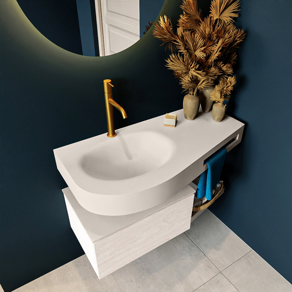 MONDIAZ RIVA 100cm mueble de baño / estante color Underlayment con 1 cajón. Lavabo DULCET Izquierda 1 orificio, color Linen. 2 color Linen.