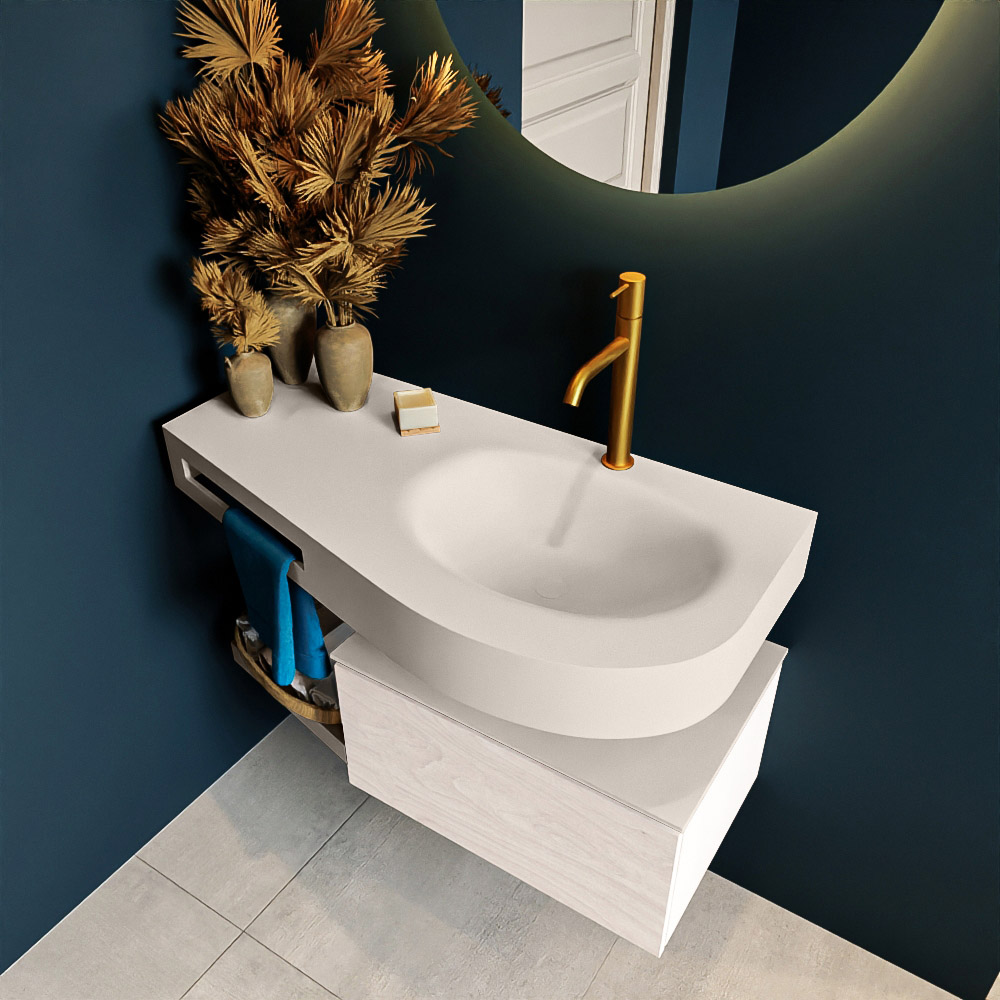 MONDIAZ RIVA 100cm mueble de baño / estante color Underlayment con 1 cajón. Lavabo DULCET Derecho 1 orificio, color Linen. 2 color Linen.