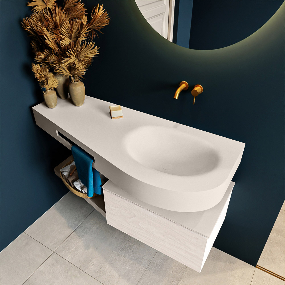 MONDIAZ RIVA 120cm mueble de baño / estante color Underlayment con 1 cajón. Lavabo DULCET Derecho sin orificio, color Linen. 2 color Linen.