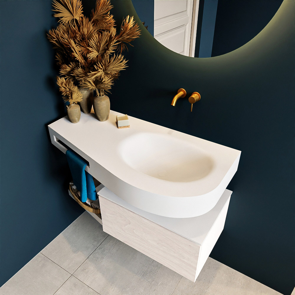 MONDIAZ RIVA 100cm mueble de baño / estante color Underlayment con 1 cajón. Lavabo DULCET Derecho sin orificio, color Talc. 2 color Talc.