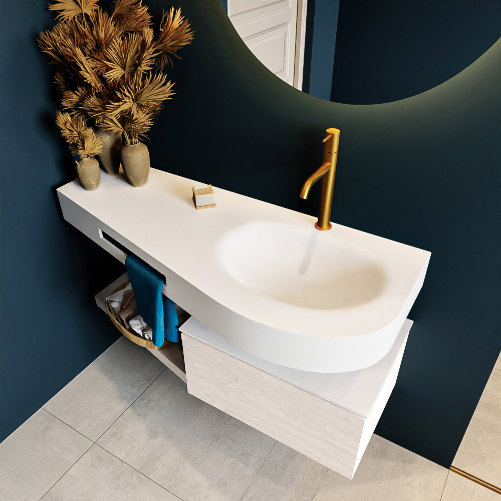 MONDIAZ RIVA 120cm mueble de baño / estante color Underlayment con 1 cajón. Lavabo DULCET Derecho 1 orificio, color Talc. 2 color Talc.