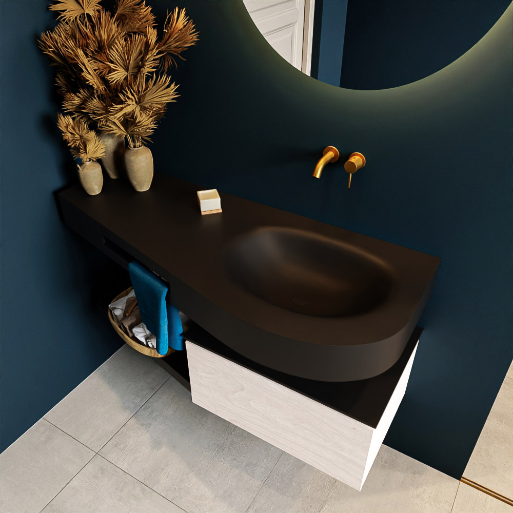 MONDIAZ RIVA 120cm mueble de baño / estante color Underlayment con 1 cajón. Lavabo DULCET Derecho sin orificio, color Urban. 2 color Urban.